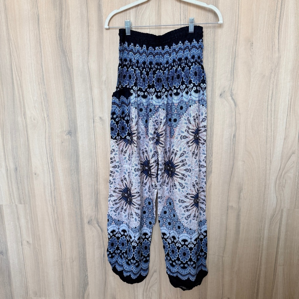 Womens Boho Harem Pants L/XL Blue Mandala Print Smocked Waist Hippie Yoga Beach